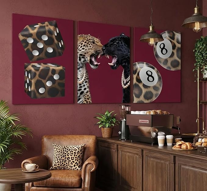 3Pcs Trendy Leopard Canvas Wall Art Funky Lucky 8 Ball Pictures Wall Decor Eclectic Cheetah Preppy Aesthetic Posters Prints Paintings for Bedroom Dorm Living Bathroom Decoration Prepare To Hang