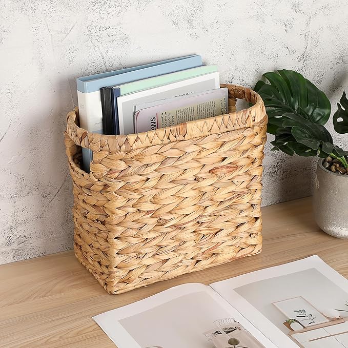 BTSKY Woven Magazine Holder, Water Hyacinth Magazine Basket, Natural Narrow Storage Basket Bin for Books & Files, Magazine Rack with Built-in-Handle for Home, Office & Desk - 11.4x5.9x10.6 Inch