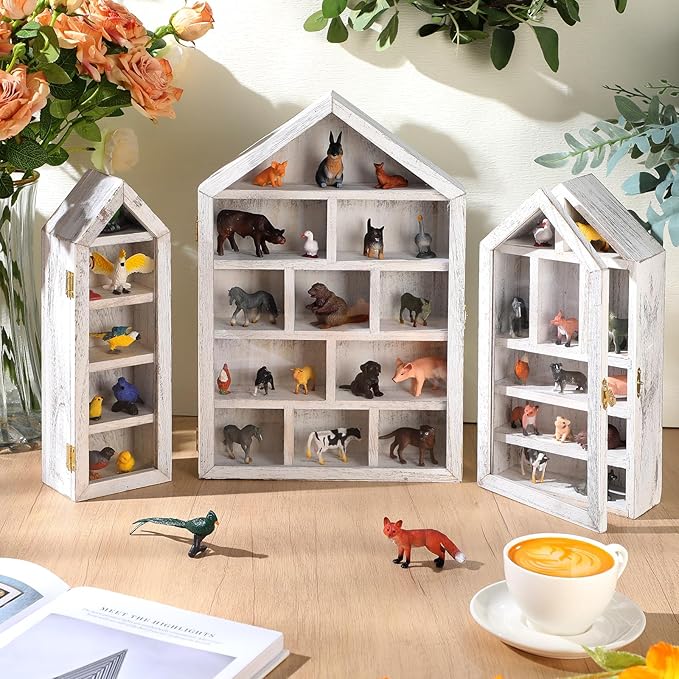 DoubleFill Set of 3 Wooden Trinket Display Shelf Shadow Box with Shelves 10 x 15 Inch Large Wall Mounted Display Storage Mini Figures Curio Trinket Medals Crafts Collections(Antique White,House Shape)