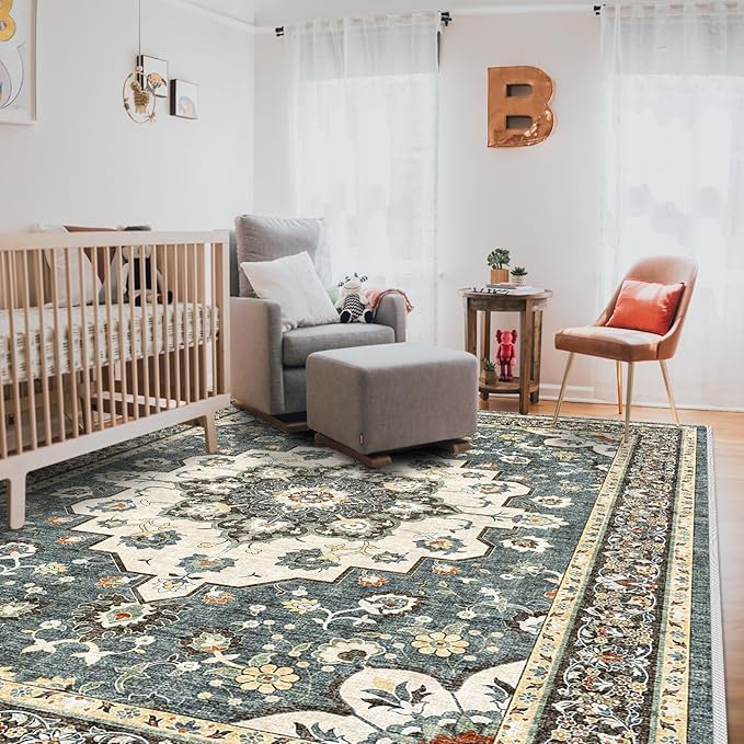 TOPRUUG Washable Oriental Area Rug - 8x10 Rugs for Living Room Soft Carpet for Bedroom Waterproof Floral Distressed Indoor Stain Resistant Non-Shedding Floor Carpets (Blue, 8x10)