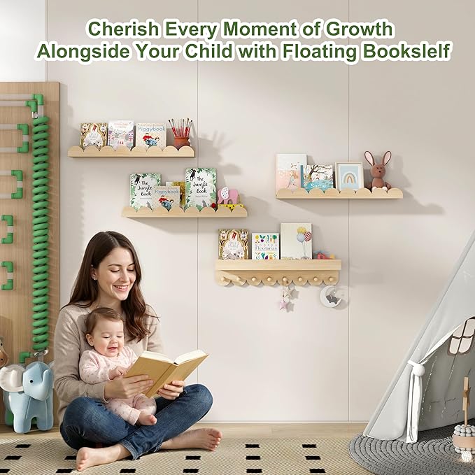 24 Inch Floating Shelves for Wall, 4-Pack Nursery Book Shelves with Hooks, Scalloped Shelves, Wall Book Shelves for Kids Room, Baby Room, Bedroom, Nursery Decor