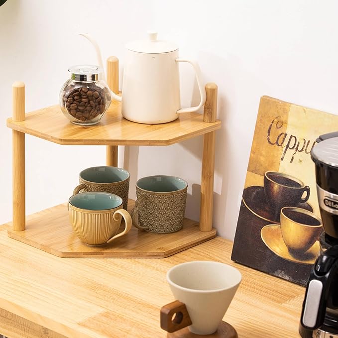 2Pcs 2-Tier Expandable Bamboo Corner Shelf - Dish/Plate Organizer for Cabinet, Kitchen Counter Shelf & Small Kitchen Shelf, Adjustable