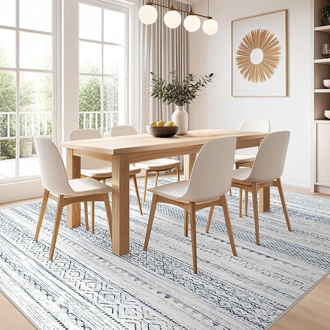 Nakagishi 9x12 Area Rugs Living Room: Washable Boho Large Neutral Soft Farmhouse Rug Stain Resistant Modern Indoor Floor Non-Slip Carpet for Bedroom Nursery Kids Playroom Office Dining Dorm-White Blue