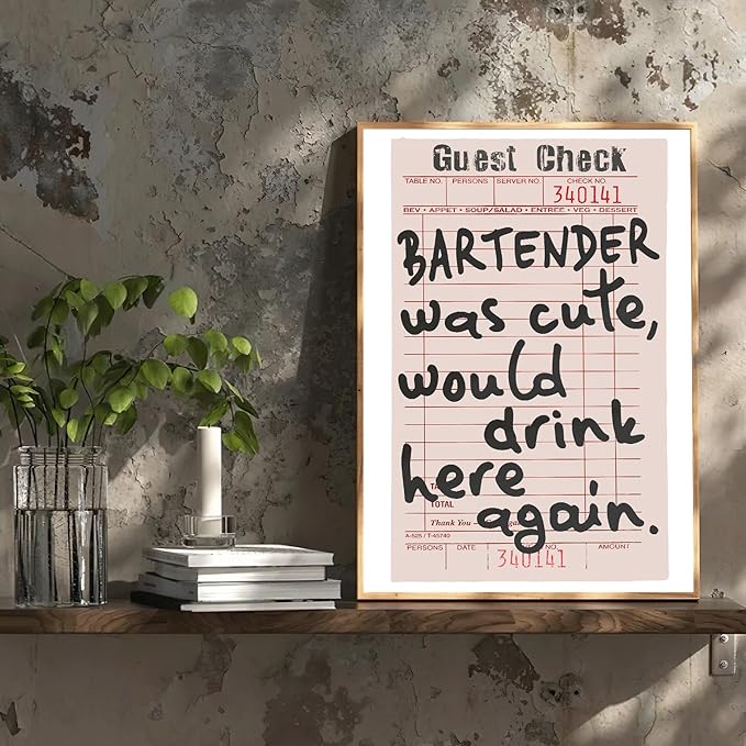 Fun Bar Canvas Wall Art, Bar Cart Accessories and Decor, Trendy Preppy Black White Retro Guest Check Wall Decor, Vintage Art Poster for Home Kitchen Wall Decoration, Unframed Artwork Prints, 16"x24"