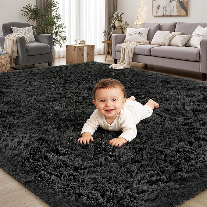 8x10 Area Rugs for Living Room Bedroom: Soft Fluffy Black Shag Upgrade Non-Slip High Pile Carpet Large Fuzzy Plush Indoor Floor Decor Shaggy Rug for Kid Boys Girls Dorms Playroom Nursery Modern Home