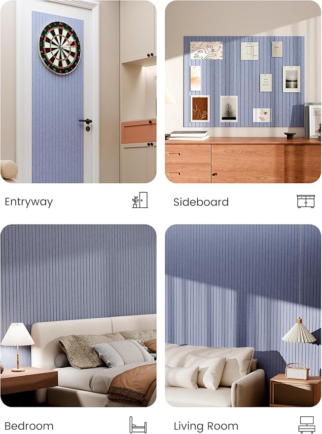 Bumusty Large Cork Board Alternative-48 x 36" Felt Bulletin Board Tiles, with 30 Pushpins, 70 Adhesive Tabs, Fine-Stripe 12-Pack, Cork Boards for Office Push Pin Board-Soft Periwinkle