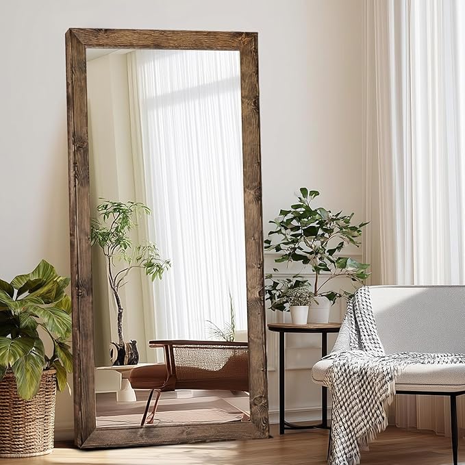 Oversized Brown Full Length Mirror 71"x32" - Solid Wood Beveled Frame Wall Leaning or Hanging Mirror - Rustic Farmhouse Style for Bedroom, Entryway, Living Room