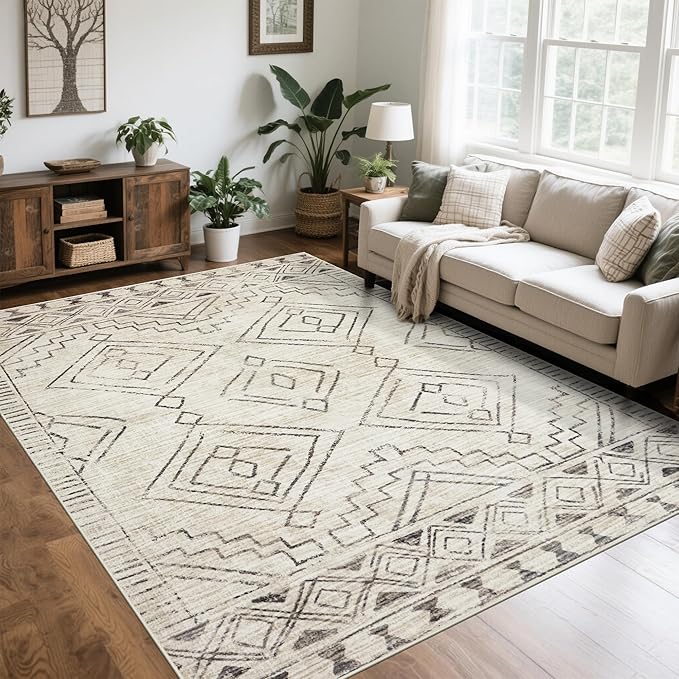 Srugn Washable Rugs 8x10 Area Rugs for Living Room,Bedroom,Dining Room- Large Ultra Soft Faux Wool Retro Carpet,Non Slip&Non-Shedding Low Pile Morocco Rug for Farmhouse Home Office Dorm(Beige-Brown)