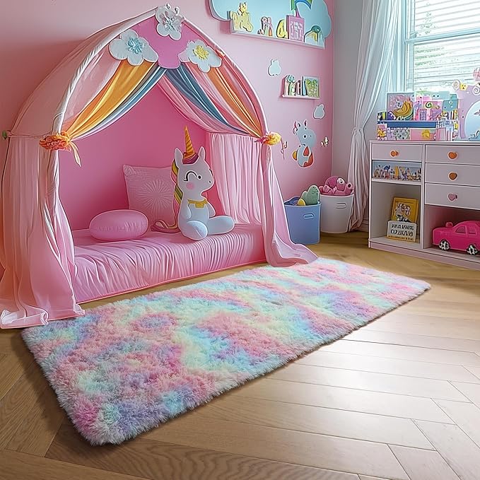 Amdrebio Rainbow 2x6 Runner Area Rugs for Girls Bedroom Kids Room Decor, Pastel Colorful Bedside Rug for Nursery, Cute Unicorn Shaggy Rug for Baby Princess, Kawaii Fluffy Plush Carpet for Playroom