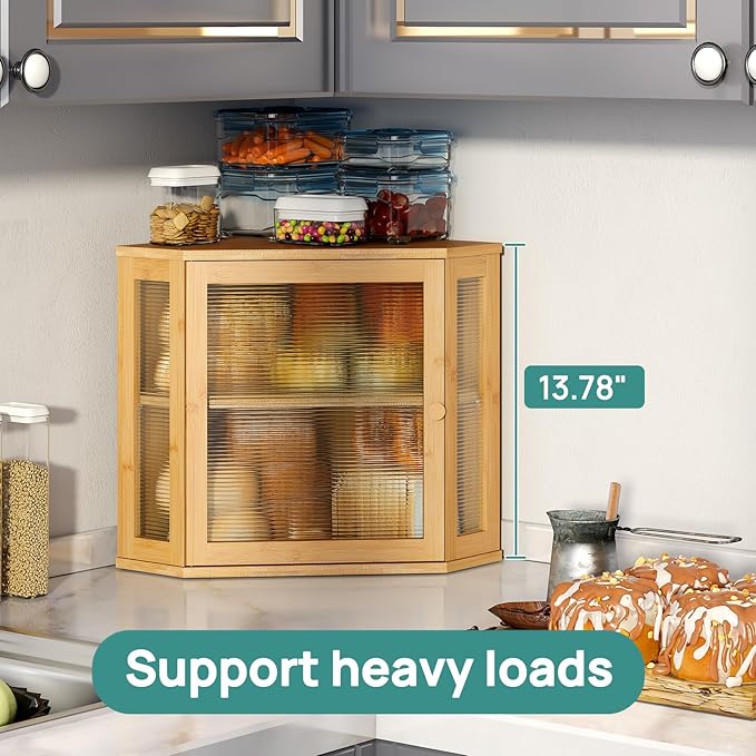 viewcare Corner Bread Box for Kitchen Counter, Bamboo Wood Large Capacity Bread Storage Bin with Acrylic Wavy Door Panel (Natural, Meduim)