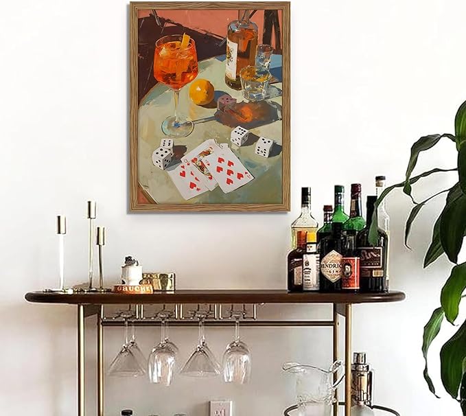 Framed Cocktail Bar Wall Art, Vintage Dice And Poker Canvas Wall Decor Painting, Whiskey Liquor Bar Still Life Artwork Poster Print Picture for Men Game Room Kitchen Dining Room Home Decor 12x16 Inch