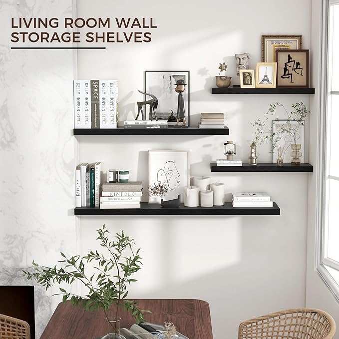 Venusmiles Floating Shelves for Wall 36 inch Long, Engineered Wood Wall Shelves with Invisible Brackets for Living Room Bedroom Bathroom Office Kitchen Decor and Storage, Black Finish, Set of 2