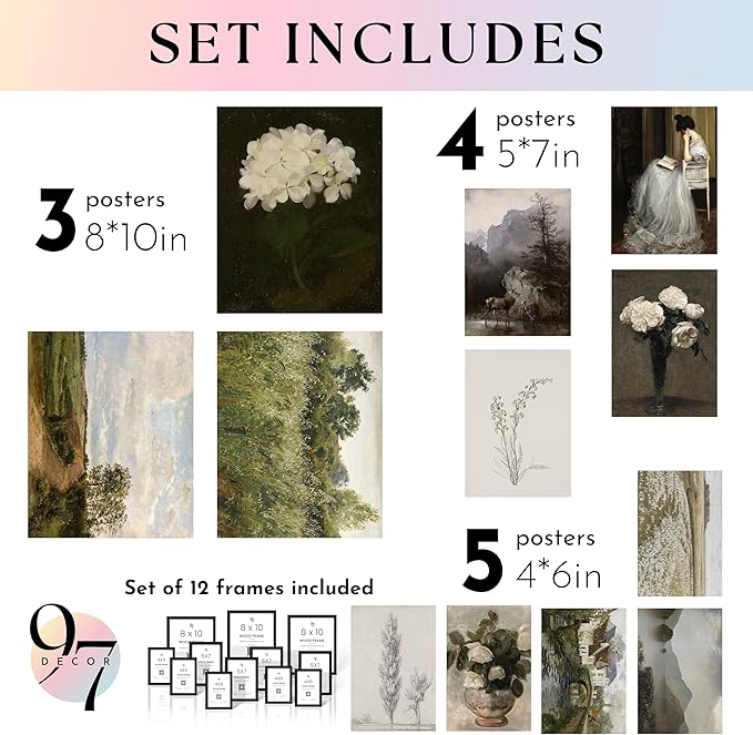 97 Decor Vintage FRAMED Wall Art - Framed Vintage Wall Art Prints, Landscape Prints For Wall Decor, Botanical Paintings For Home Bedroom (BLACK FRAME)