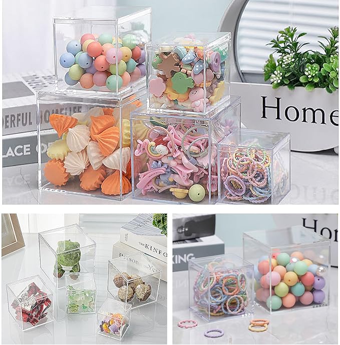 12 Pcs Clear Small Acrylic Box Plastic Acrylic Square Cube with Lid, 3.35×3.35×3.35 inches Gifts Box Storage Containers Display Box for Cosmetics, Jewelry, Party Favors, Makeup, and Tiny Item