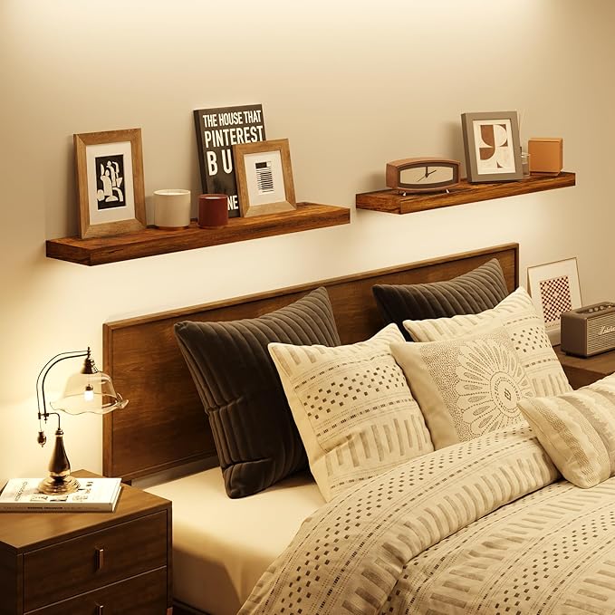 BAMEOS Floating Shelf,Wall Shelf,Decor Wall Mounted Shelves,Hanging Shelf Set L24xW6 for Bathroom Kitchen Living,Kitchen,Room Bedroom Storage, Rustic Brown