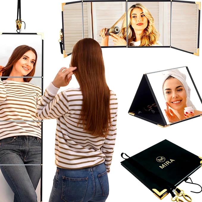 Folding Full Length Travel Makeup Mirror - Portable Mirror in 3 Way - Pyramid, Vanity, Full Length - Hanging Mirror for Outfit, Hair & Makeup - Dance Bag, Closet, Camping