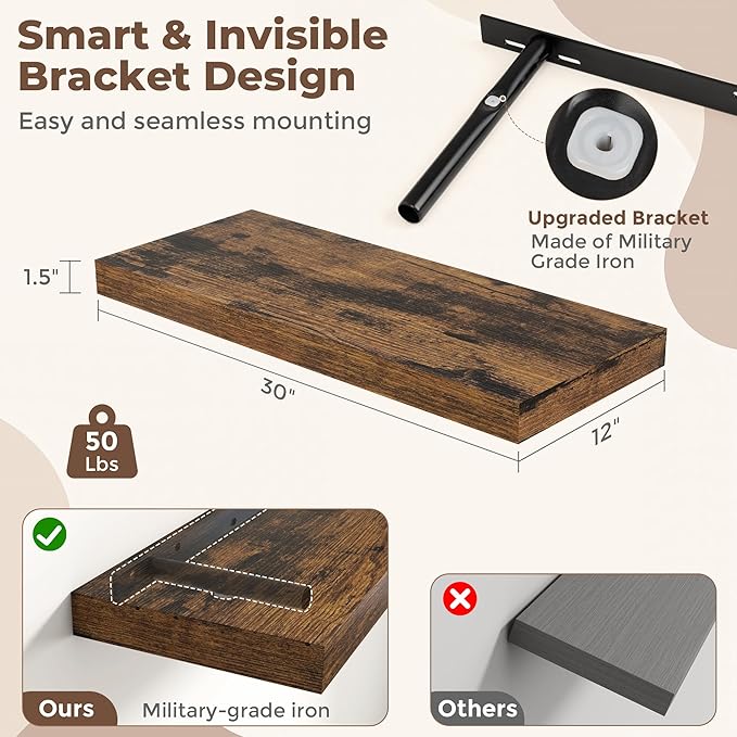 Fun Memories 30 Inch Brown Floating Shelves for Wall, 12 Inch Deep Shelves for Bathroom|Kitchen|Bedroom, Wall Mounted Rustic Wood Floating Shelf with Invisible Brackets for Books|Storage|Decor, 2 Pack