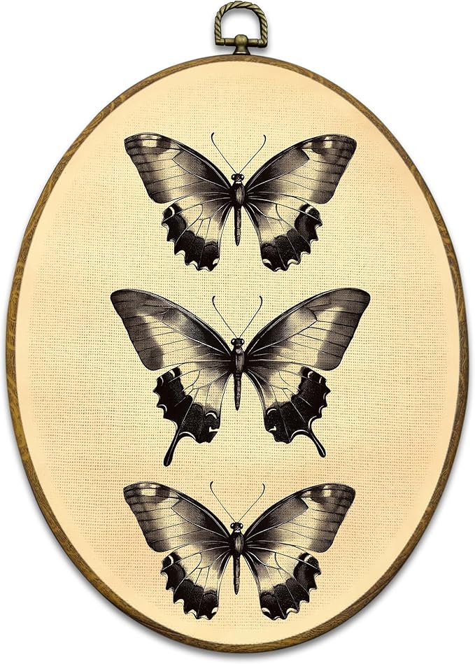 Mcehtle Vintage Butterfly Wall Art Decor, Moody Moth Cottagecore Oval Framed Canvas Prints 8.6x11.4, Academia Insect Wall Hanging Artwork Decorations for Gallery Home Bedroom Living Room