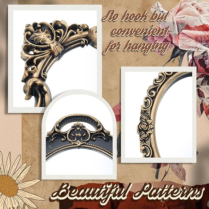 Beeveer 3 Style Vintage Mirrors Set Decorative Oval Wall Mirror Small Antique Mirrored Tray Decorative Hanging Mirror for Bathroom Bedroom Jewelry Organizer Victorian Decor (Shield,Antique Gold)