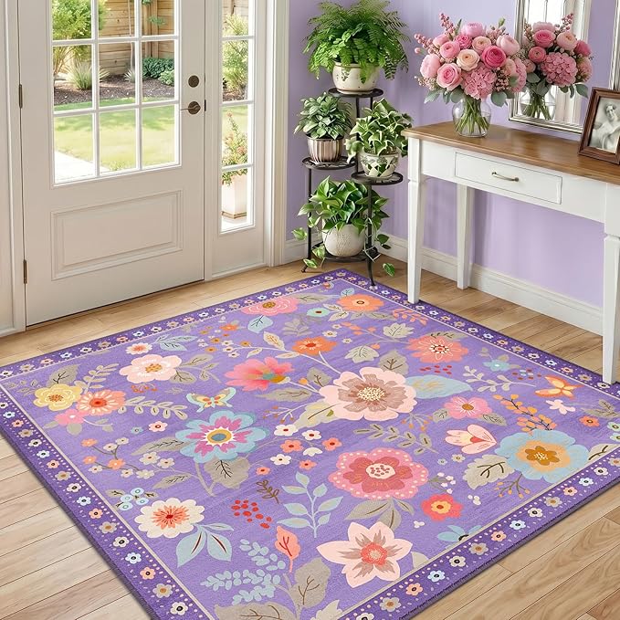 RELEANY Floral Nursery Square 5ft Area Rugs Washable Print Boho Cute Carpet Non Slip Flower Low Pile for Living Room Kids Girls Playroom Bedroom Kitchen Office Farmhouse-Purple/Pink/Multi
