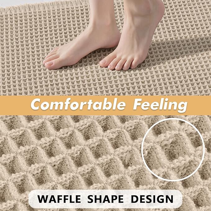 MIULEE Set of 2 Waffle Bathroom Rugs, Boho Bath Rugs Non Slip Washable, Super Absorbent Bath Mats, Ultra Soft Rubber Backed Shower Mats for Bathroom Floor, Tub, Pale Beige, 17"x24"+18"x30"