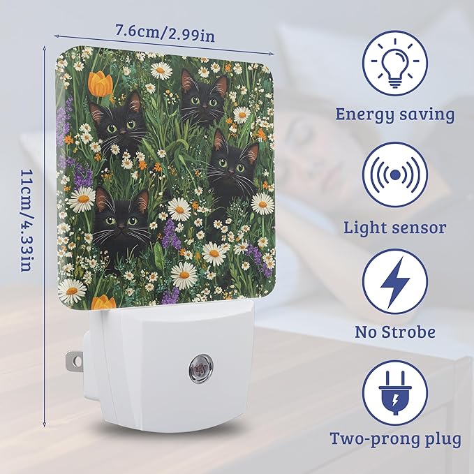 Cute Cats Flowers Night Light with Dusk to Dawn Light Sensors, Plug-in Wall Led Night Lights, Energy Efficient Lamp for Bedroom,Bathroom,Kitchen,Hallway,Stairs, Gifts Ideal for Girls Women