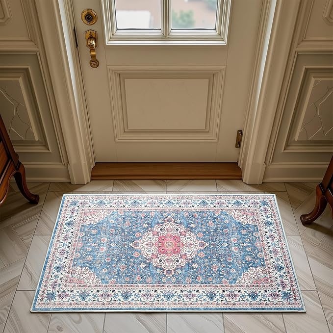 Goideal Washable Rug 2x3, Vintage Area Rugs Non Slip, Indoor Low Pile Carpet with Rubber Backing for Kitchen Bathroom Entryway Office Bedroom,Blue & Hot Pink