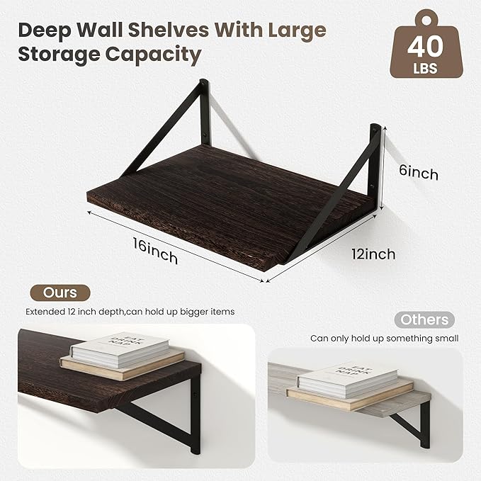 Marsmiles Floating Shelves for Wall, 12 Inch Deep Wood Wall Mounted Shelves Set of 2, 16W x 12D Rustic Wide Floating Shelves for Bedroom Kitchen Living Room, Rustic Brown