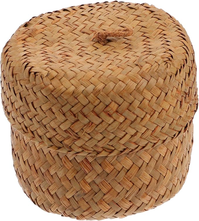 VALICLUD Wicker Lidded Basket Storage Box Lid for Home Handmade Basket Decorative Flower Bin