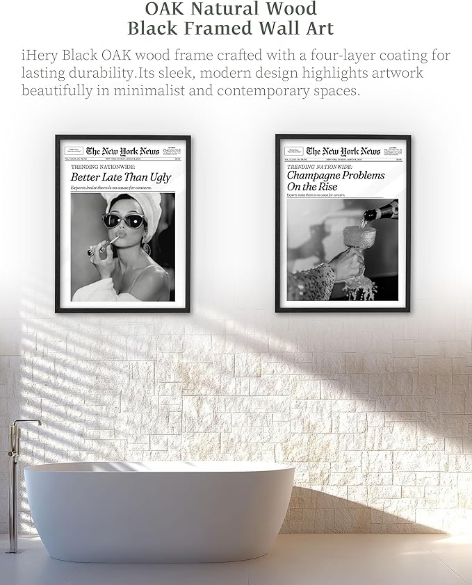 iHery Premium Natural Black OAK Wood 16x20in Audrey Hepburn Trendy Framed Wall Art, Vintage Funny Better Late Than Ugly Canvas Bathroom Wall Decor Essential,Girly Dorm Bedroom Living Room 1Pack