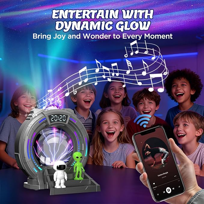Flumy Galaxy Northern Lights Projector, Plasma Globe Lamp Aurora Projector for Kids with White Noise Alarm Clock, Boys Room Decor with Music, Ideal Gifts for Sci-Fi Fans