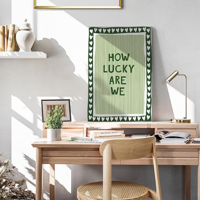 How Lucky Are We Poster Canvas,Green Stripe Quote Wall Art Print,Trendy Preppy Wall Decor For Apartment Room Bedroom Aesthetic 12X18 in Black Framed Ready To Hang