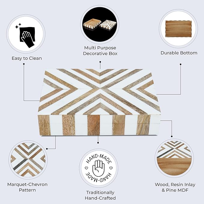 Handicrafts Home White Decorative Storage Box with Lid Wood Remote Control Box Coffee Table Storage Box Remote Holder for Living Room Decor – Resin Inlay Marquet Chevron Collection - 8x5x2