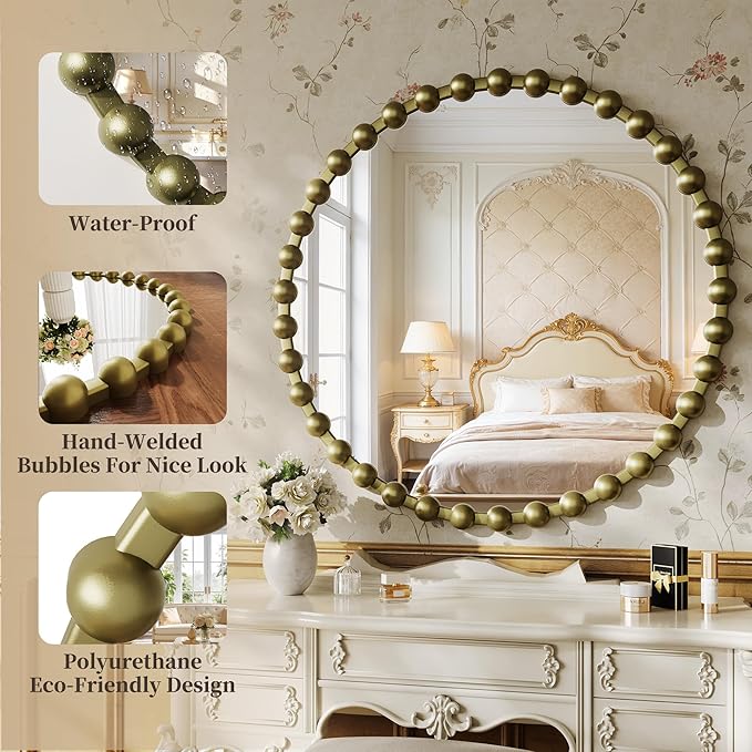 Round Vintage Vanity Mirror, 36 Inch Beaded Frame Circle Wall Mirror for Bathroom, Bedroom Dresser, Entryway, Living Room, Decorative Hanging Wall Mirror, Bronze
