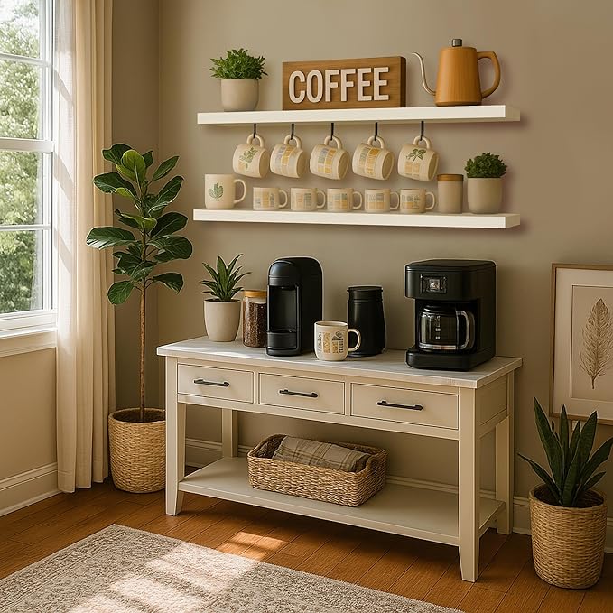 BGMG Wood Floating Shelves for Wall 54 inch Set of 2,White Floating Shelves,Solid Wood Wall Mount Shelves for Bathroom Living Room Bedroom Kitchen Farmhouse -54x 6.7 x1.75 inch