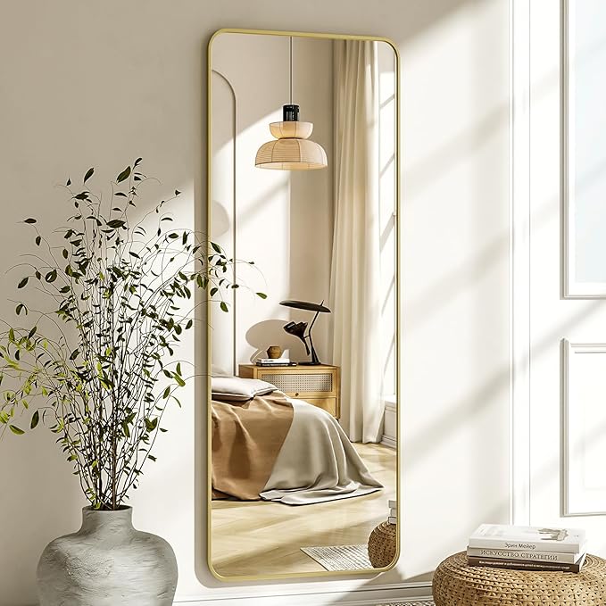 XRAMFY 56"x21" Floor Full Length Mirror Standing Full Body Rounded Corner Rectangle Mirrors with Stand Hanging Wall Mounted Leaning Bedroom Living Room Bedroom Cloakroom,Gold