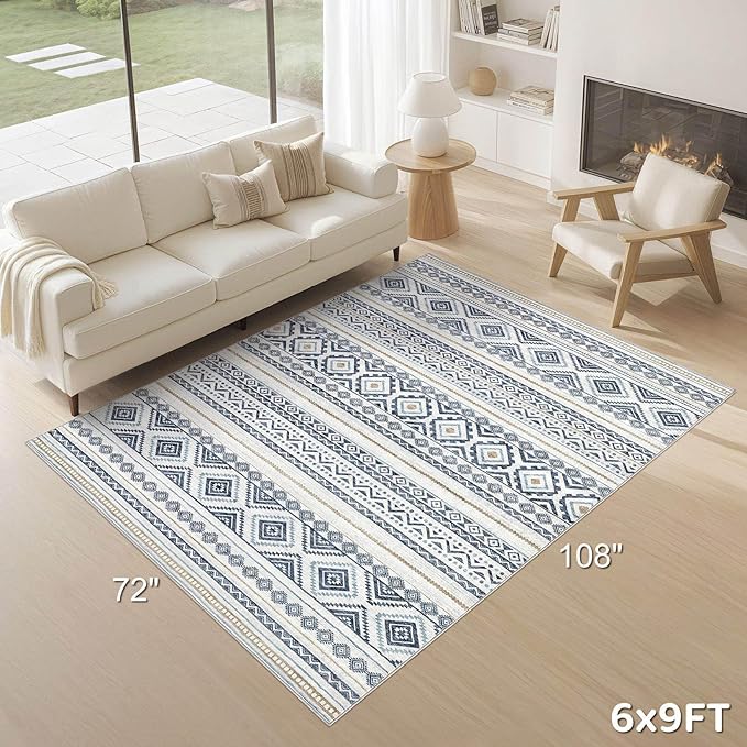 cotiled 6x9 Area Rug Living Room: Washable Boho Rugs with Non Slip Backing Large Soft Indoor Stain Resistant Carpet for Bedroom Farmhouse Dining Room Lightweight Home Decor Blue