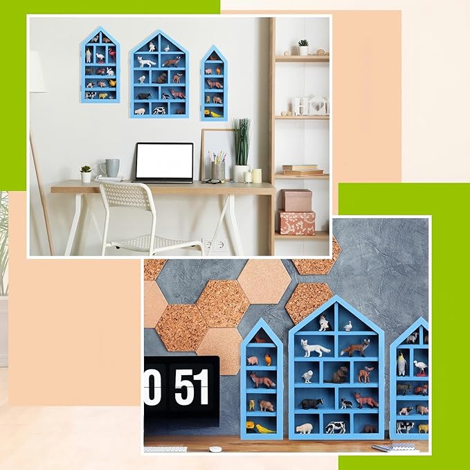 DoubleFill Set of 3 Wooden Trinket Display Shelf Shadow Box with Shelves 10 x 15 Inch Large Wall Mounted Display Storage Mini Figures Curio Trinket Medals Crafts Collections(Ocean Blue,House Shape)