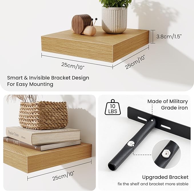 Fun Memories Floating Shelves for Wall - 10" x 10" Wood Shelf with Invisible Bracket - Deep Floating Shelves - 10 Inch Shelf Wall-Mounted for Living Room & Bathroom - Oak - Set of 2