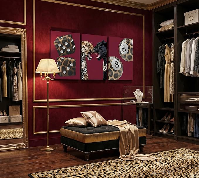3Pcs Trendy Leopard Canvas Wall Art Funky Lucky 8 Ball Pictures Wall Decor Eclectic Cheetah Preppy Aesthetic Posters Prints Paintings for Bedroom Dorm Living Bathroom Decoration Prepare To Hang