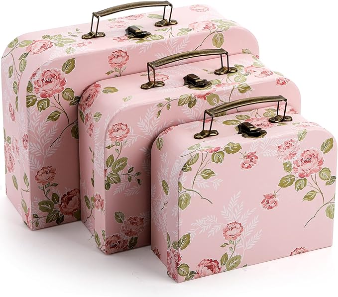 Fasmov 3 Pack Paperboard Suitcases Storage Box Decorative Storage Boxes Gift Boxes With Lids for Photo Storage Home Decoration, Wedding, Birthday, Anniversary, Pink