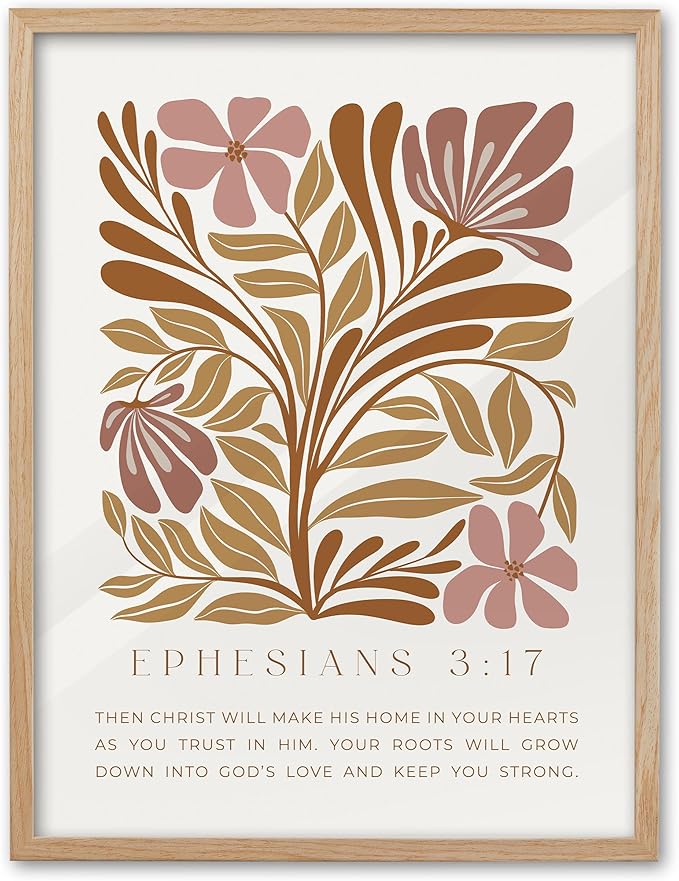 EcoHest Bible Verse Floral Framed Wall Art, Large 16x20 in OAK Wood Abstract Flowers Canvas Wall Art, Ephesians 3:17 Home Decor, Beige Logs Boho Christ Set of 1 for Bedroom Living Room