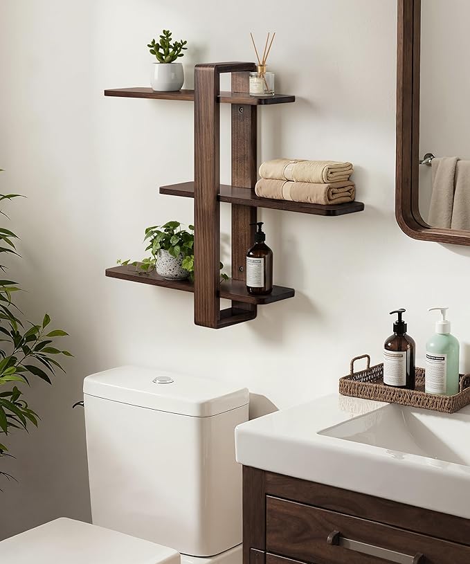 SUMGAR Floating Shelves for Wall Walnut Mounted Shelf Unit for Living Room Bedroom Bathroom Mid Century Modern Decorative Storage Plant Photo Display Home Decor 3 Tier Large 20in All Pine