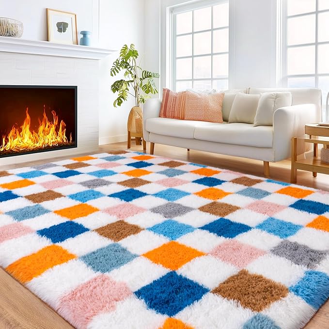 Checkered Rugs for Living Room 6x9, Ultra Soft Fluffy Rug for Bedroom, Modern Shaggy Carpets Fuzzy Rug for Girls Boys Room Home Indoor Nursery Teens Dorm Decor, Upgrade Non-Slip Durable, Colorful