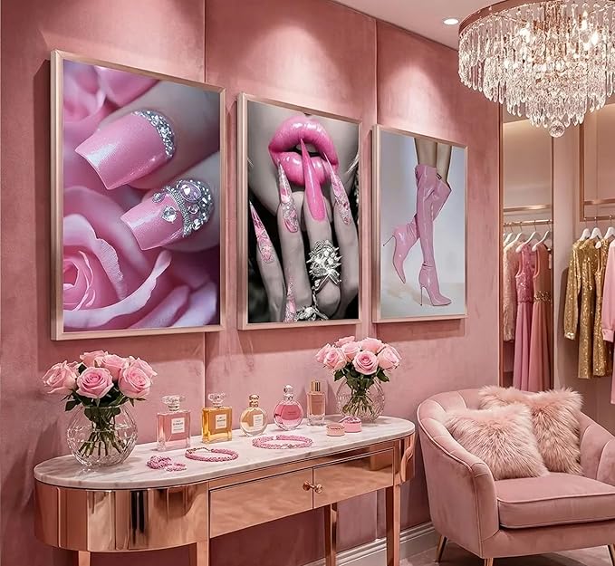 3Pcs Fashion Pink Women Canvas Wall Art Glam Funky Maiden High Heel Posters Prints Paintings Elegant Dreamy Lips Pink Pictures Wall Decor for Living Room Bedroom Home Decoration Unframed