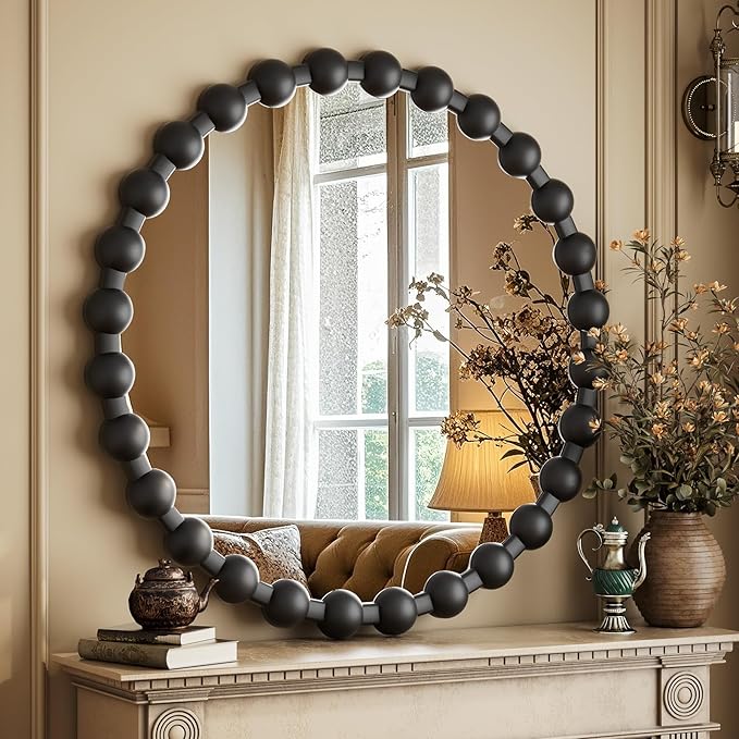 Easly Round Mirror for Wall, 24 Inch Black Beaded Frame Decorative Vanity Mirror, Circle Bathroom Mirror with High-Definition Lense, Modern Wall Decor for Bathroom, Living Room, Bedroom, Entryway