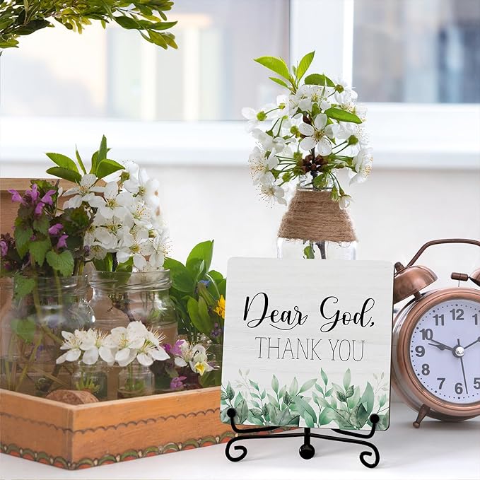 Modern Farmhouse Decor, Home Decor For Living Room, Boho Chic Aesthetic Shelf Decorations, Christian Eucalyptus Dear God Sign, Farm House Entryway Tv Stand Fireplace Coffee Table Decoration (09)