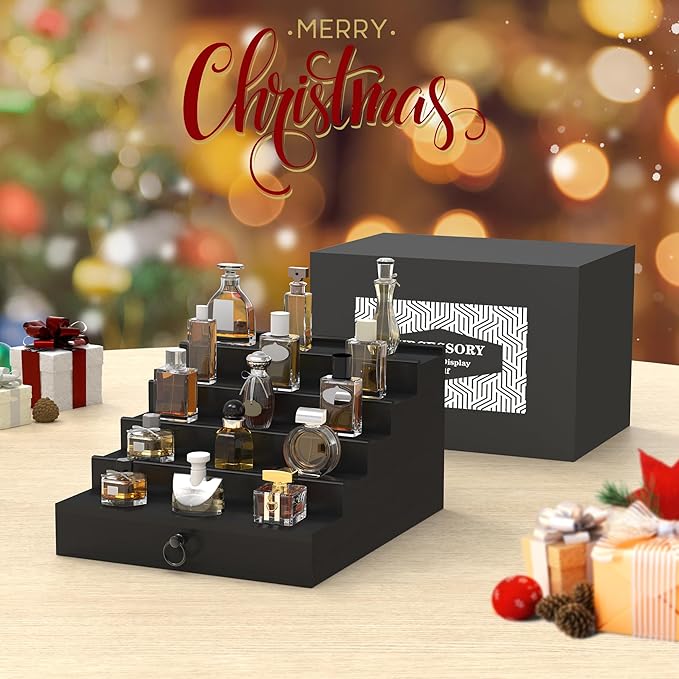 upcessory Cologne Organizer for Men, 5 Tier Black Cologne Shelf, Perfume Stand with Drawer and Hidden Compartment Perfume Display Holder - A Gift for Men