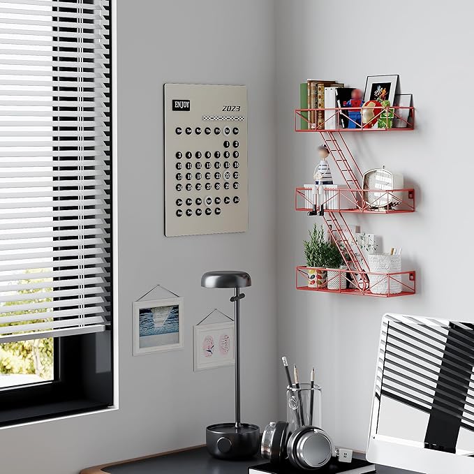 Fire Escape Shelf - 3 Tier Red Fire Escape Wall Shelf with Basket Wall Organizer, New York Metal Decorative Shelves, DIY Floating Action Figurine Display Shelf for Bedroom