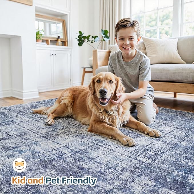 9x12 Area Rugs for Living Room Washable Rug: Anti-Skid Abstract Modern Living Room Rug Soft Thin Carpets Indoor Floor Non-Shedding Carpet for Bedroom Dining Farmhouse Nursery Navy Light Gray